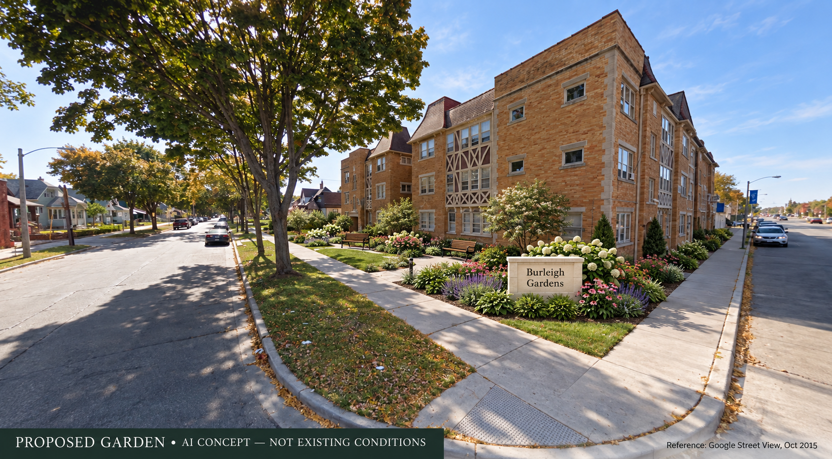 Proposed garden on the N. 47th Street lawn beside the Burleigh building, based on an October 2015 Street View reference. AI concept with flowers, two benches and a Burleigh Gardens sign; not existing conditions.